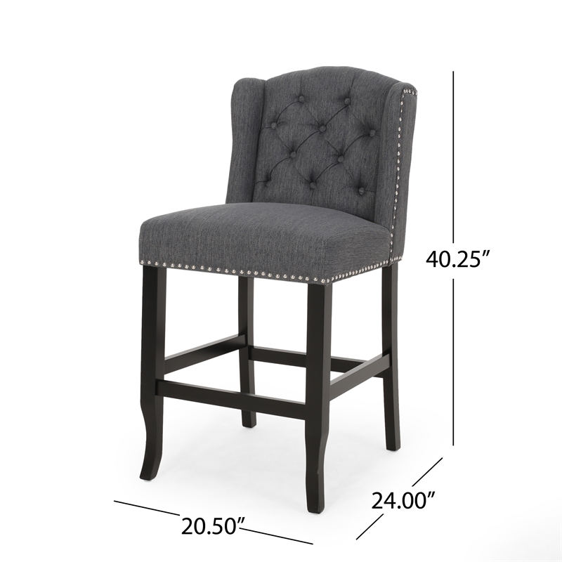 Seliva Counter Stool Chair Set of 2- Charcoal Gray- Tufted Back- Brown Wood