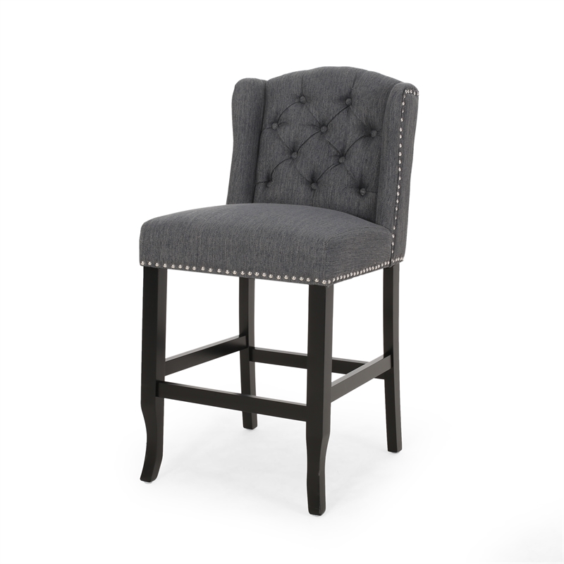 Seliva Counter Stool Chair Set of 2- Charcoal Gray- Tufted Back- Brown Wood