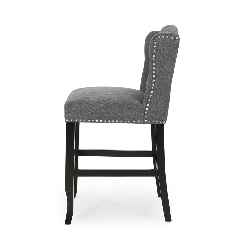 Seliva Counter Stool Chair Set of 2- Charcoal Gray- Tufted Back- Brown Wood