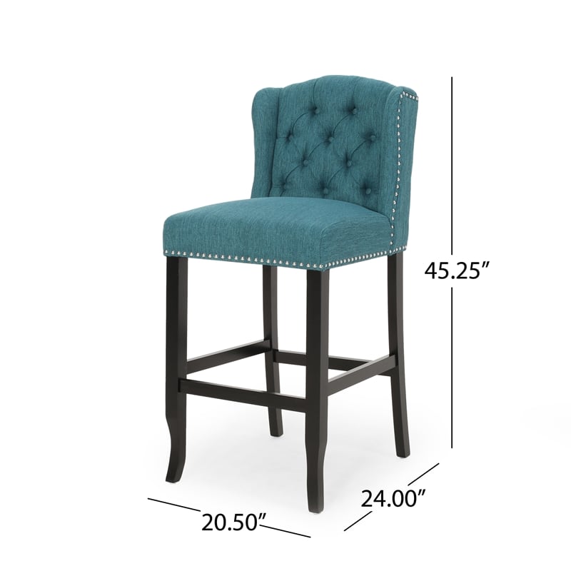 Seliva Barstool Chair Set of 2- Teal Fabric- Tufted Back- Brown Rubberwood