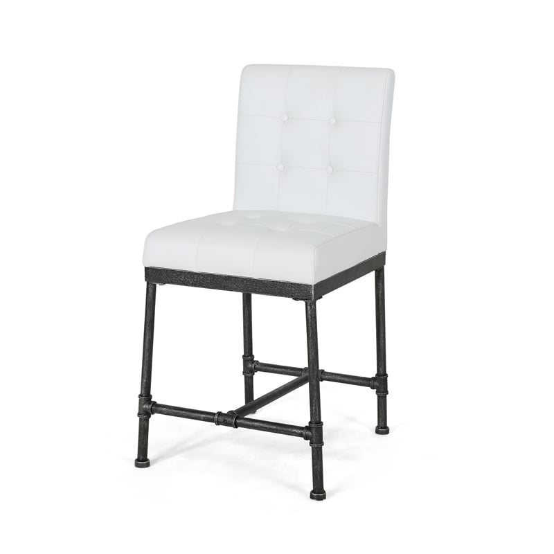 Bruke Counter Height Chair Set of 2- White Tufted Faux Leather- Metal