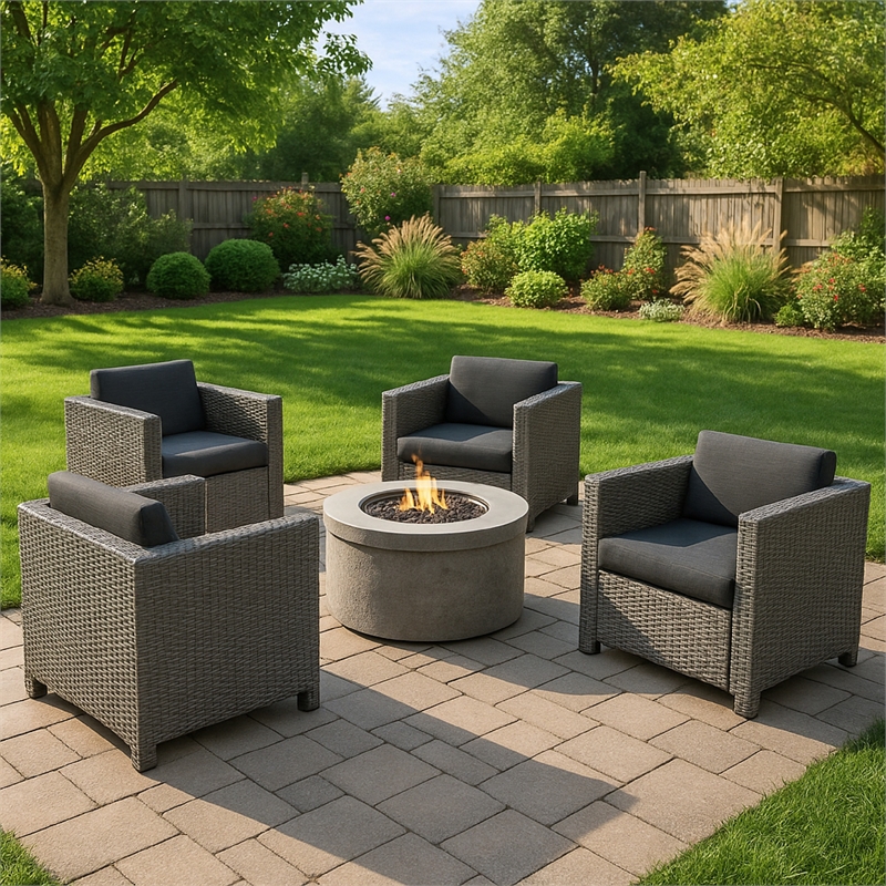 Elza Outdoor Accent Chair Set of 4- Rattan Wicker- Charcoal Gray Seat
