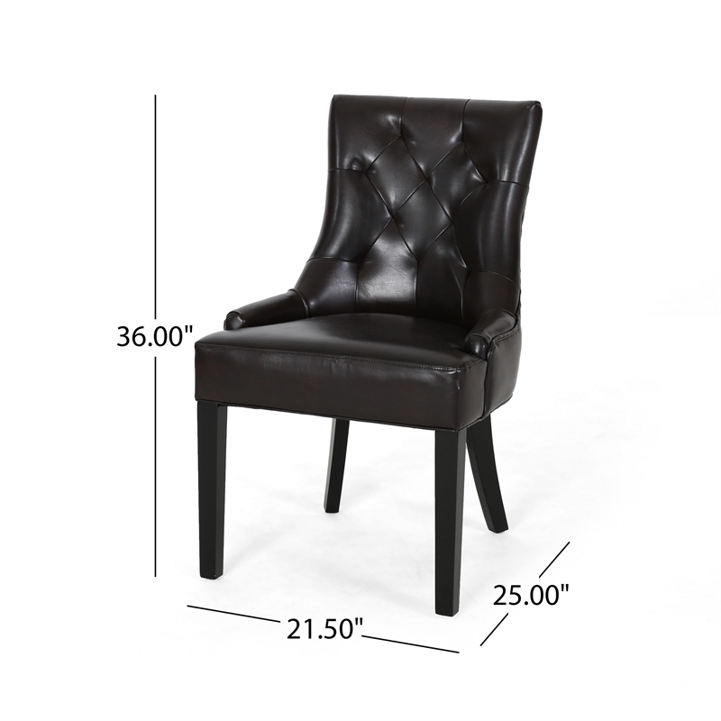Chen Dining Chair Set of 2- Sloped Arms- Tufted Brown Faux Leather