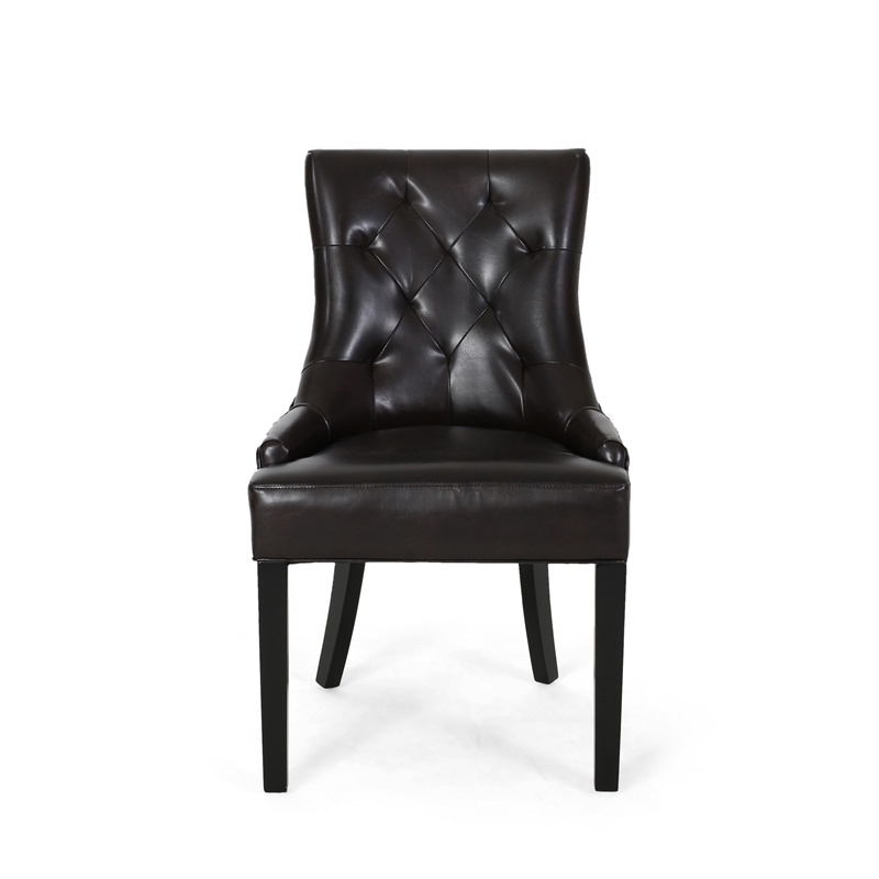 Chen Dining Chair Set of 2- Sloped Arms- Tufted Brown Faux Leather