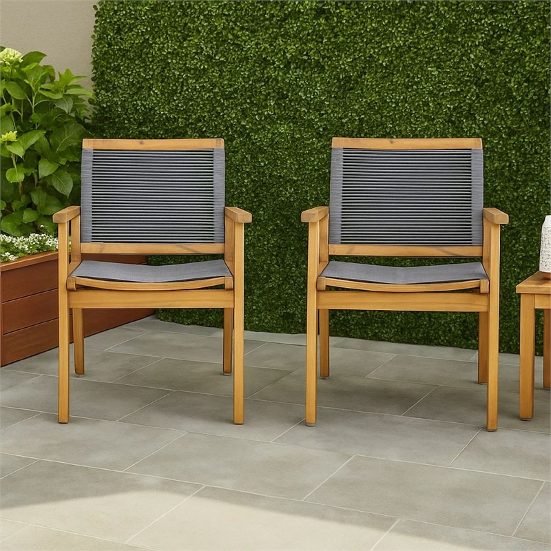 Outdoor Dining Chair Set of 2- 35 Inch Gray Woven- Brown Acacia Wood