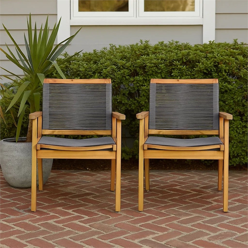 Outdoor Dining Chair Set of 2- 35 Inch Gray Woven- Brown Acacia Wood