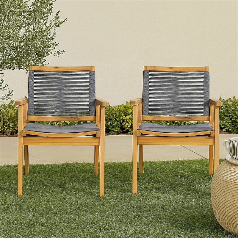 Outdoor Dining Chair Set of 2- 35 Inch Gray Woven- Brown Acacia Wood