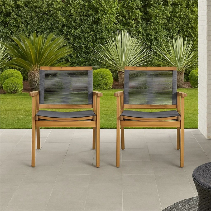 Outdoor Dining Chair Set of 2- 35 Inch Gray Woven- Brown Acacia Wood