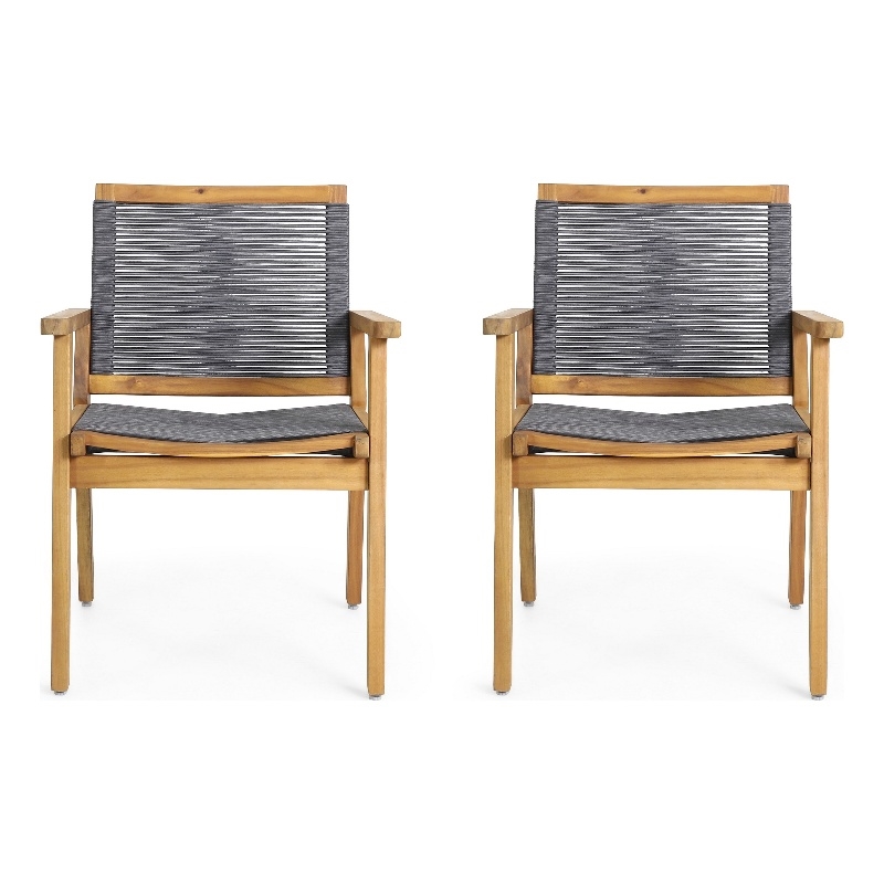 Outdoor Dining Chair Set of 2- 35 Inch Gray Woven- Brown Acacia Wood