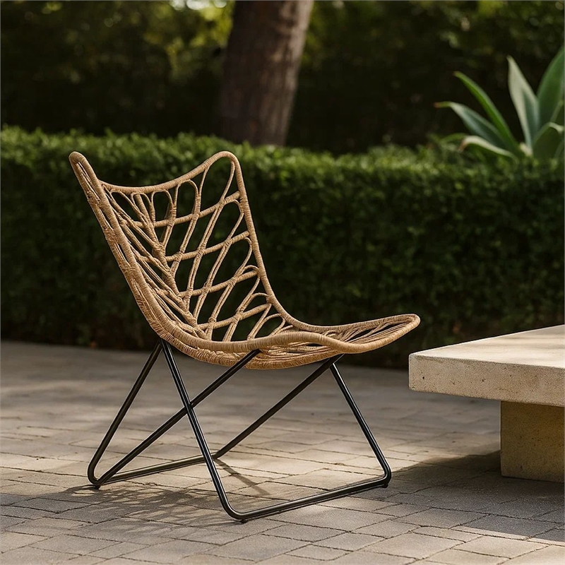 Fordy Outdoor Chair Set of 2- Curved Seat- Brown Rattan- Black Metal