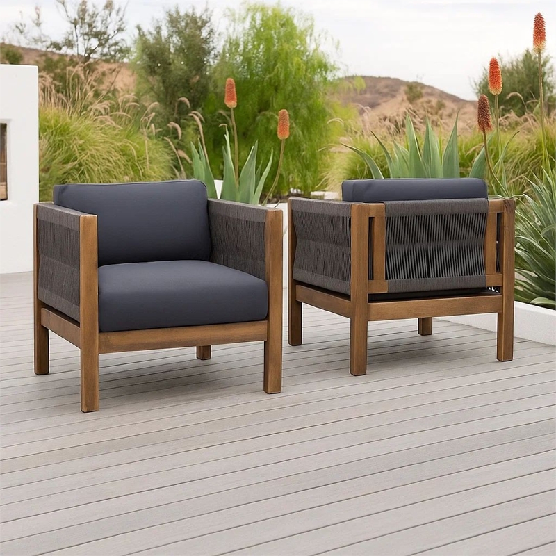 Outdoor Accent Chair Set of 2- Rope Weaving- Teak Brown Acacia Wood