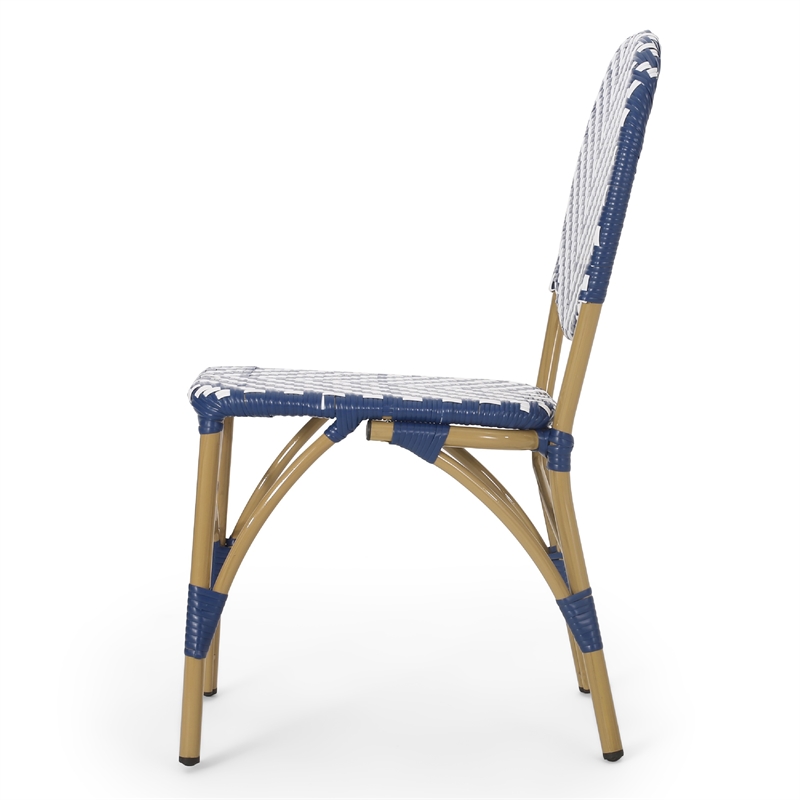 Outdoor French Bistro Chair Set of 2- White Blue Wicker Woven- Brown