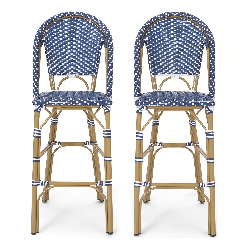 Meso Outdoor Barstool Chair Set of 2- White Blue Wicker Woven- Brown