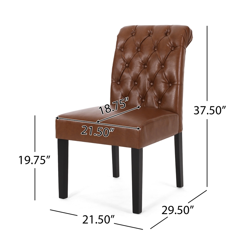 Mein Dining Chair Set of 2- Tufted Back Rolled Top- Brown Faux Leather