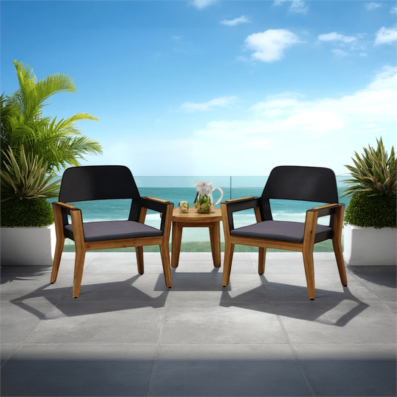 Soyan Outdoor Club Chair Set of 2- Teak Brown Acacia Wood- Blue Fabric