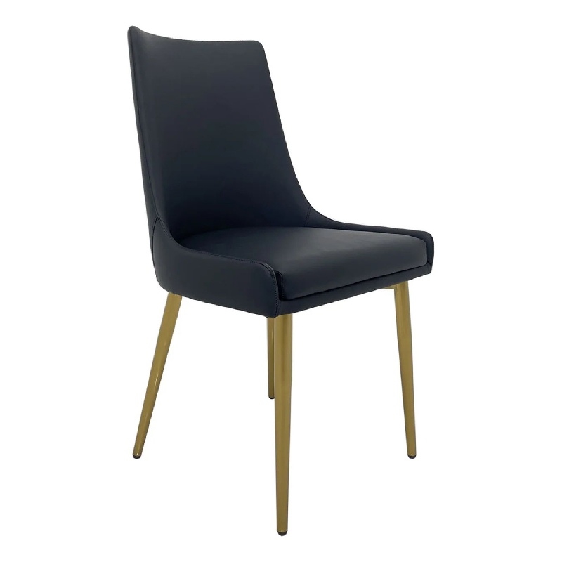Rusa Dining Chair Set of 2- Black Faux Leather Upholstery- Gold Legs