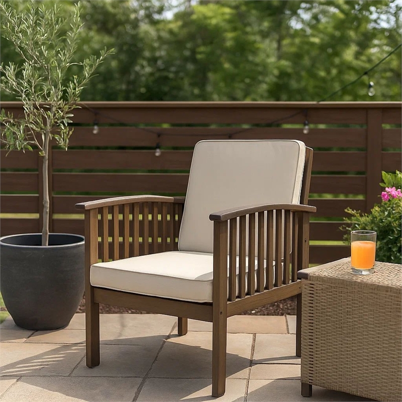 Gerry Outdoor Club Chair Set of 2- Cream Cushions- Slatted Dark Brown