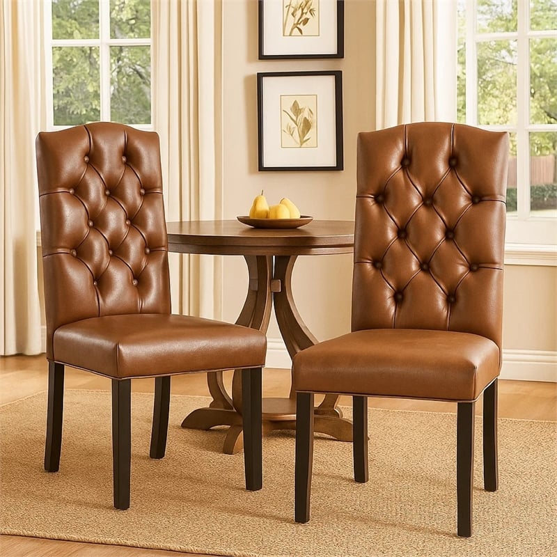 Elona Dining Chair Set of 2- Crown Top- Brown Tufted Faux Leather