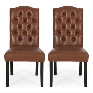 Elona Dining Chair Set of 2- Crown Top- Brown Tufted Faux Leather