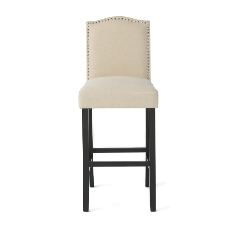 Marky Barstool Chair Set of 2- Arched Back and Footrest- Beige Fabric