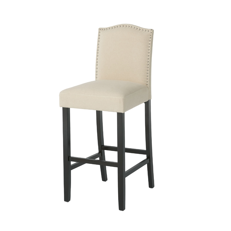 Marky Barstool Chair Set of 2- Arched Back and Footrest- Beige Fabric