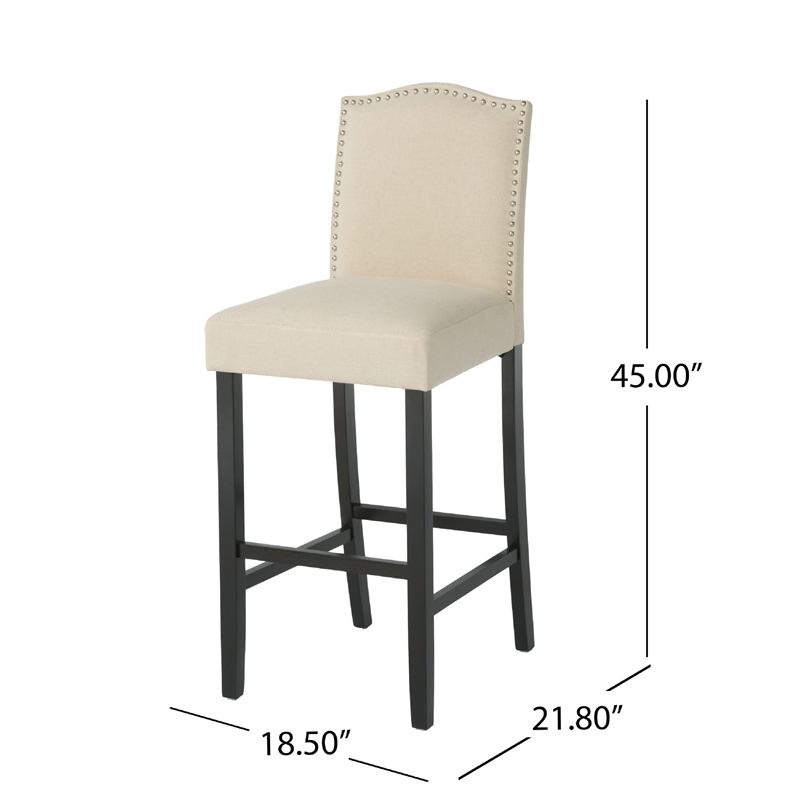 Marky Barstool Chair Set of 2- Arched Back and Footrest- Beige Fabric