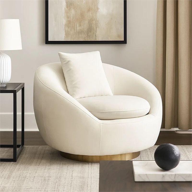 Dela Swivel Accent Chair with Pillow- Cream Velvet- Brushed Gold Base