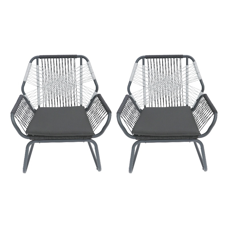 Ciao Accent Club Chair Set of 2- Outdoor Gray Cushions- Gray Rope and Steel