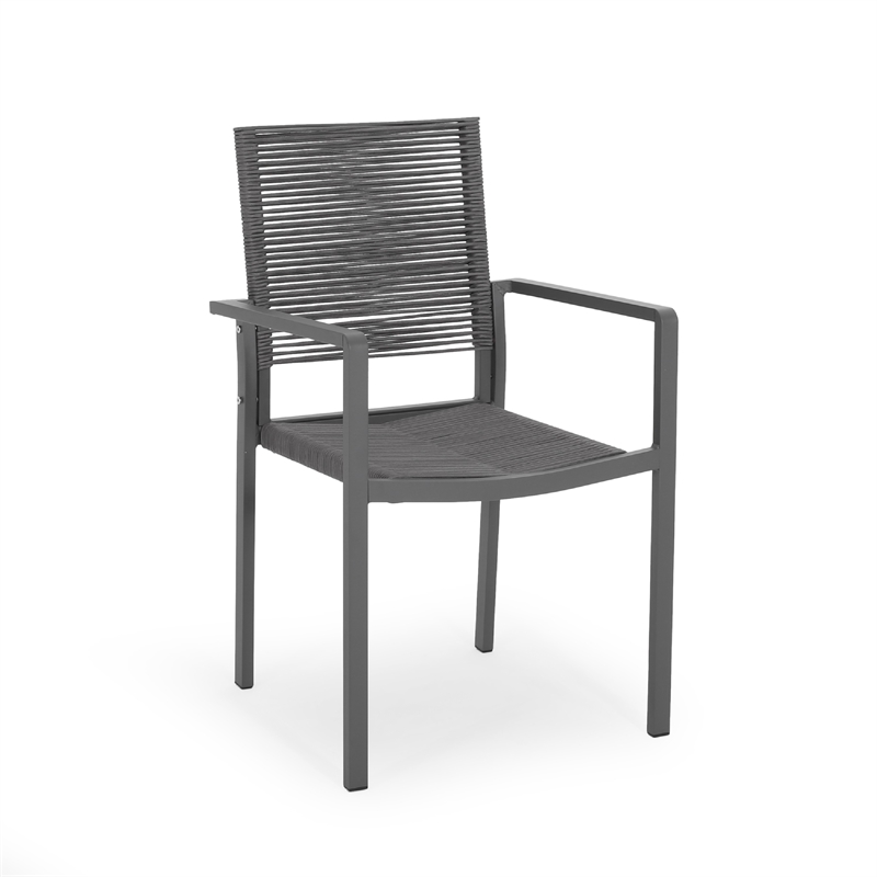 Teny Outdoor Dining Chair Set of 2- Open Back- Woven Rope- Dark Gray Metal