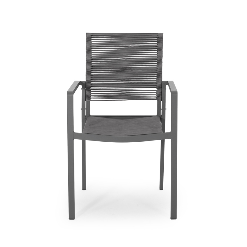 Teny Outdoor Dining Chair Set of 2- Open Back- Woven Rope- Dark Gray Metal