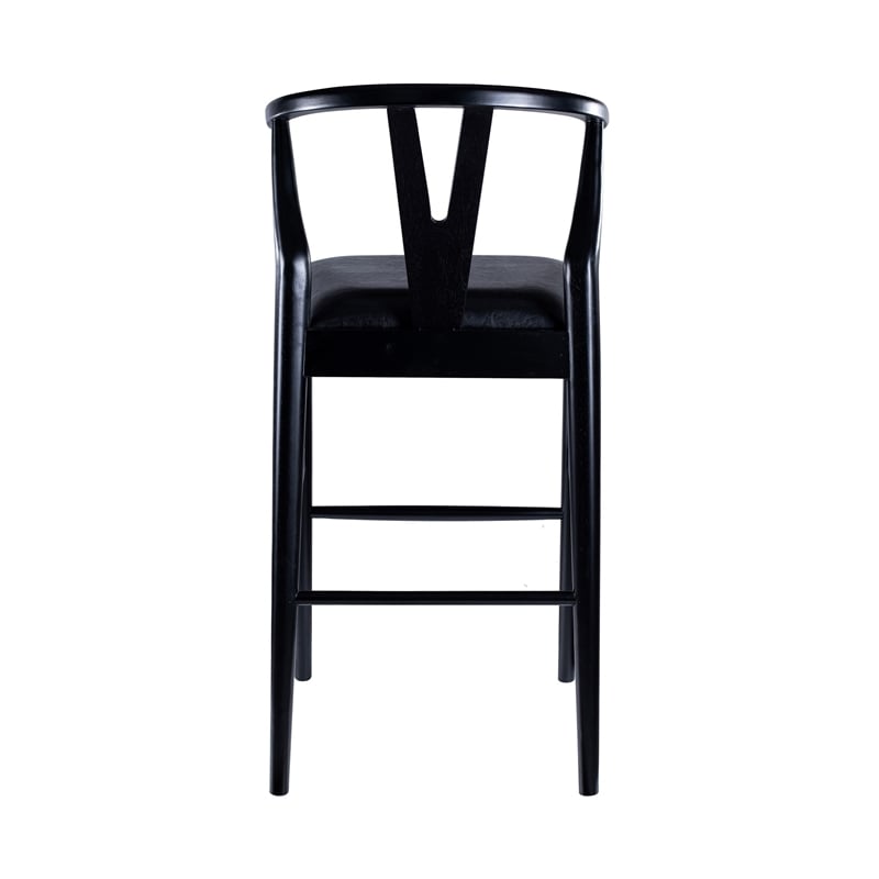 Cera Barstool Chair Set of 2- Rich Faux Leather Seat- Black Rubberwood