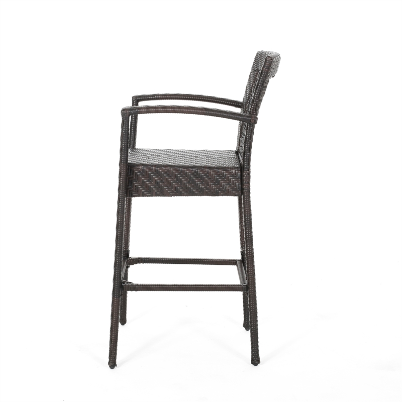 Fela Outdoor Barstool Chair Set of 2- Wicker Woven- Brown Iron Frame