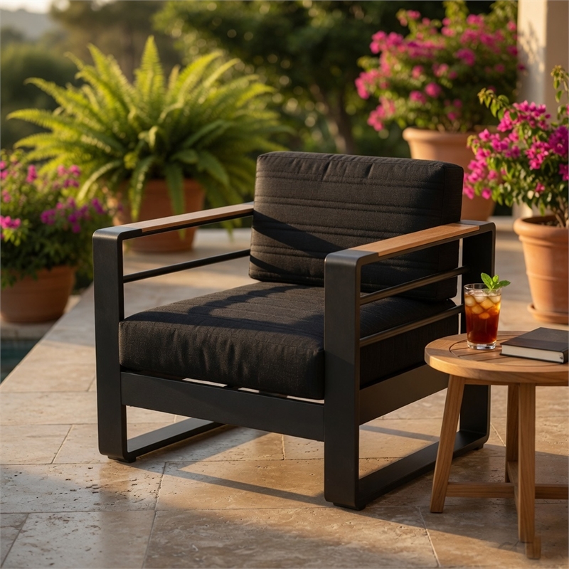 Accent Club Chair- Slat Panel Design- Modern Open Back- Aluminum Black Wood