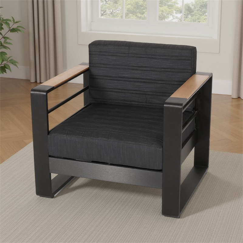 Accent Club Chair- Slat Panel Design- Modern Open Back- Aluminum Black Wood