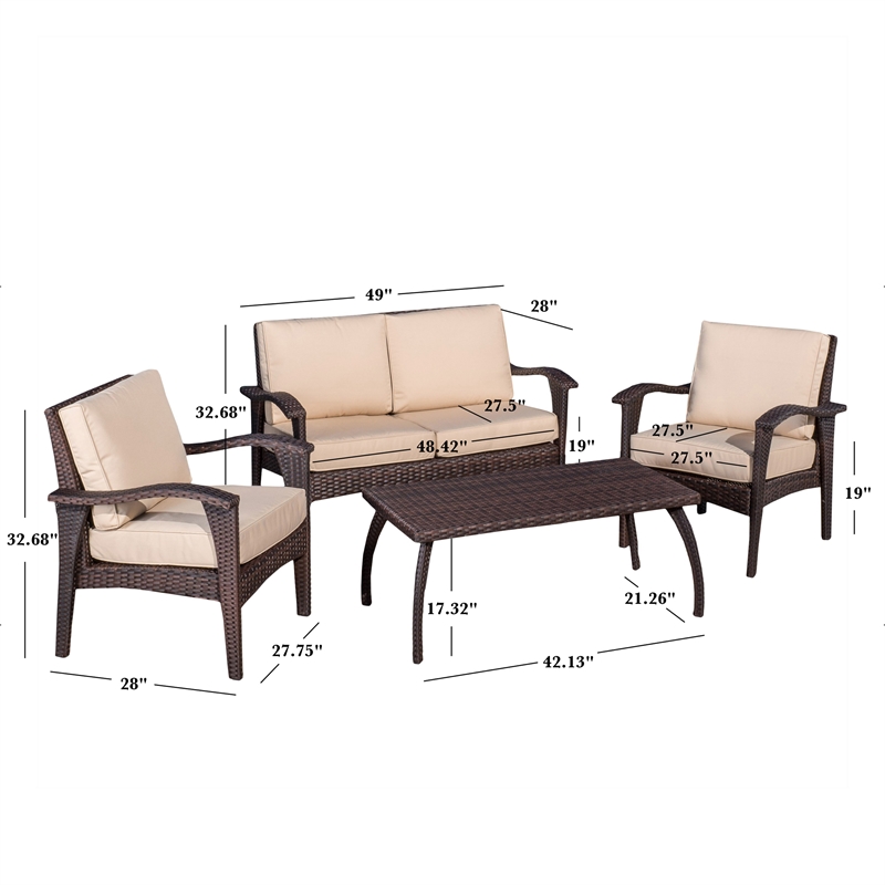 Honi 4pc Outdoor Table Set- 2 Accent Chairs 1 Loveseat- Brown Rattan- Iron