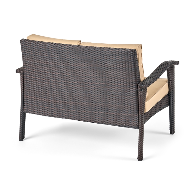 Honi 4pc Outdoor Table Set- 2 Accent Chairs 1 Loveseat- Brown Rattan- Iron