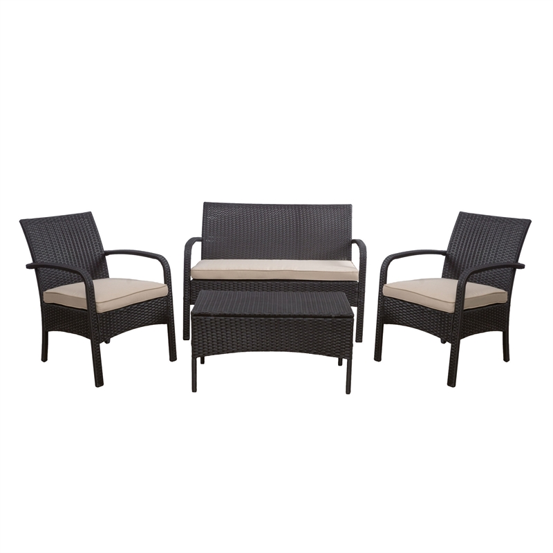 Orry 4pc Outdoor Table Set- 1 Loveseat- 2 Accent Chairs- Tan- Brown Rattan