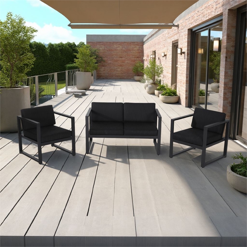 Novi 3pc Outdoor Set- 1 Loveseat- 2 Accent Chairs- Dark Gray Fabric- Metal