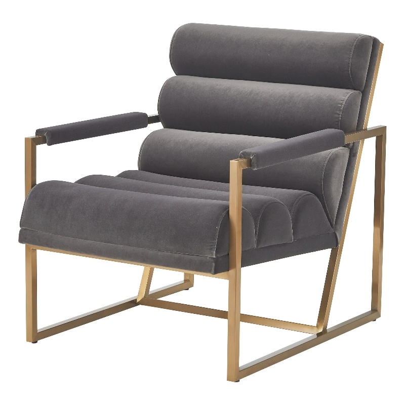 Cid Dave 27 Inch Accent Chair- Tufted Gray Velvet- Square Steel Legs- Brass
