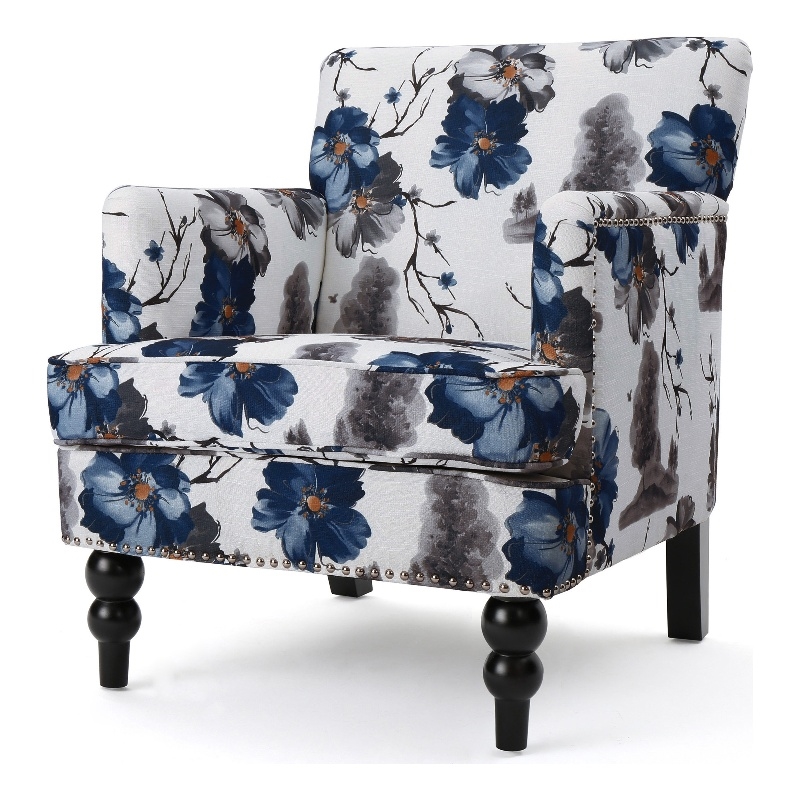 Lit Accent Chair- Button Tufted Floral White Blue Print- Multicolor