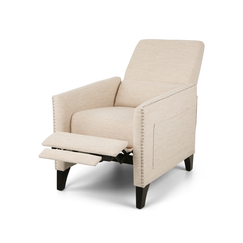 Push Back Manual Recliner Chair- Nailhead Trim Accent- Beige Fabric