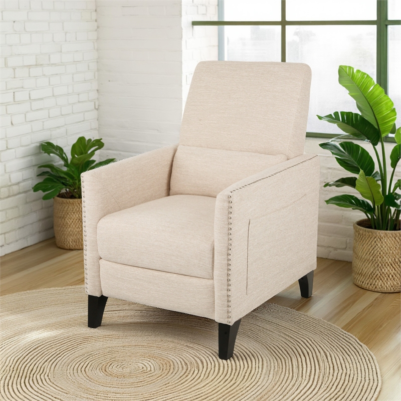 Push Back Manual Recliner Chair- Nailhead Trim Accent- Beige Fabric