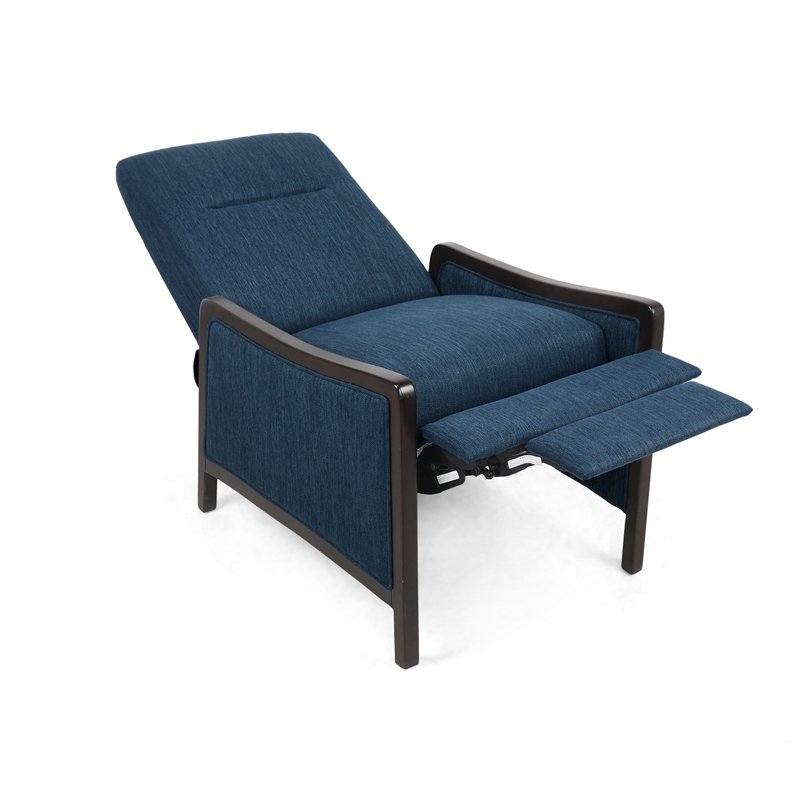 Reina Push Back Recliner Chair- Brown Birch Wood- Navy Blue Fabric