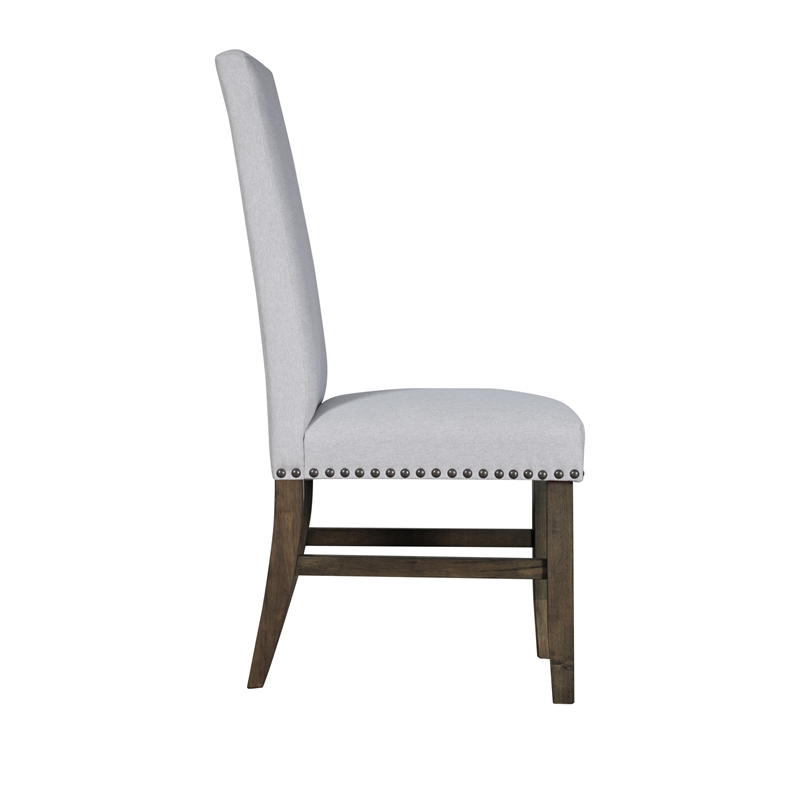 Luo 19 Inch Dining Chairs Set of 2- Nailhead Trim- Gray Fabric- Brown Wood