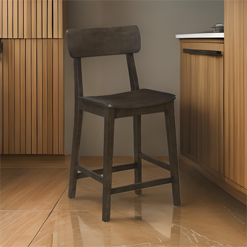 24 Inch Counter Stool Chair- Rubberwood Curved Back and Seat- Dark Gray