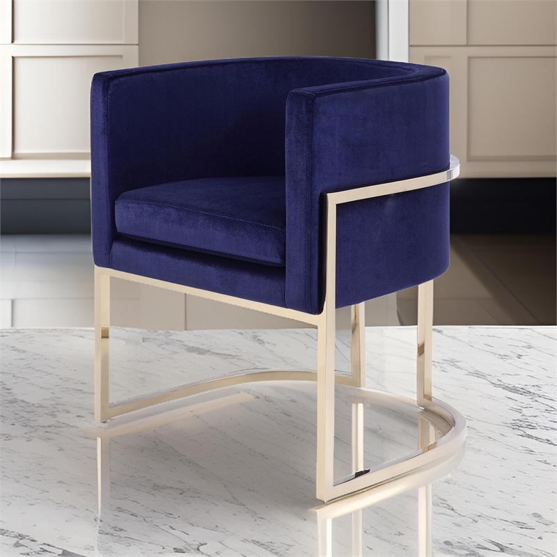 Naaz 24 Inch Kids Chair- Round- Blue Cushioned Velvet- Cantilever Gold Base
