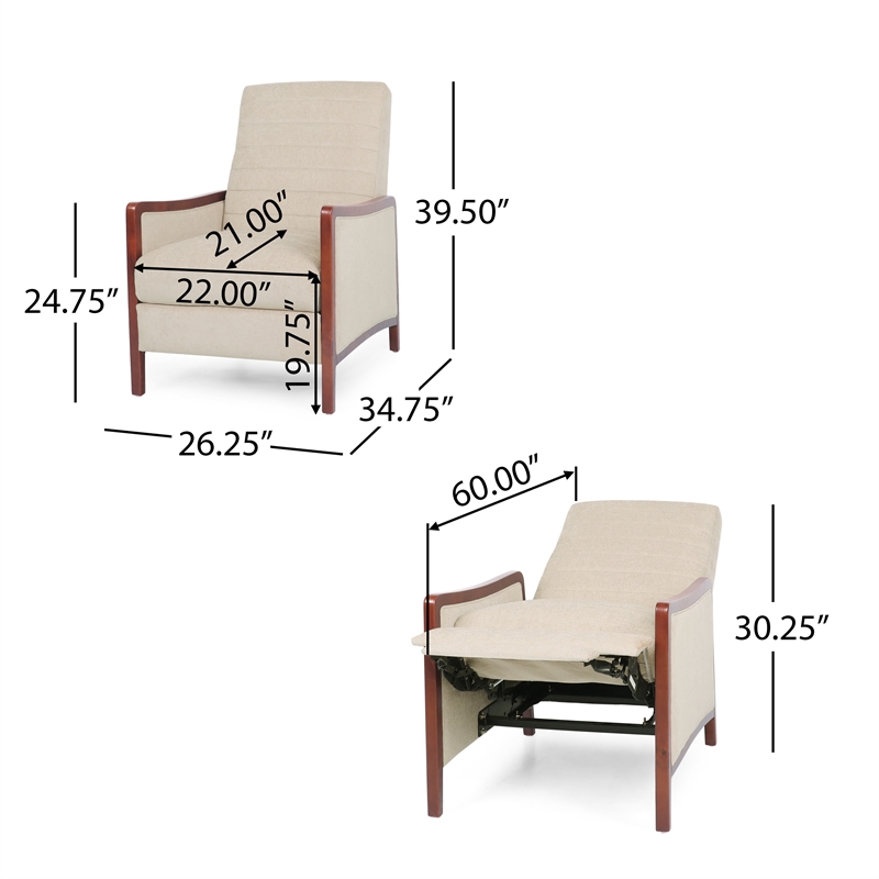 Ryka Pushback Manual Recliner Chair- Channel Stitch Beige- Birch Wood