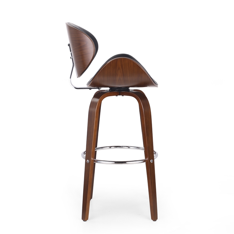 Zaine Swivel Barstool Chair- Walnut Veneer- Black Faux Leather