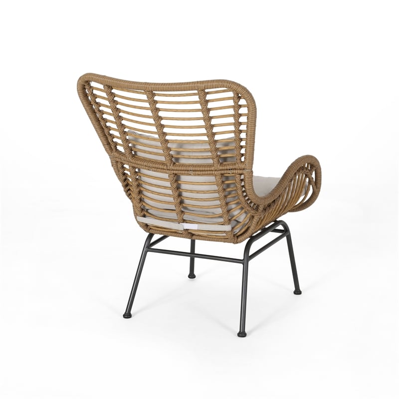 Margo Outdoor Accent Chair- Brown Woven Rattan- Beige- Black Metal