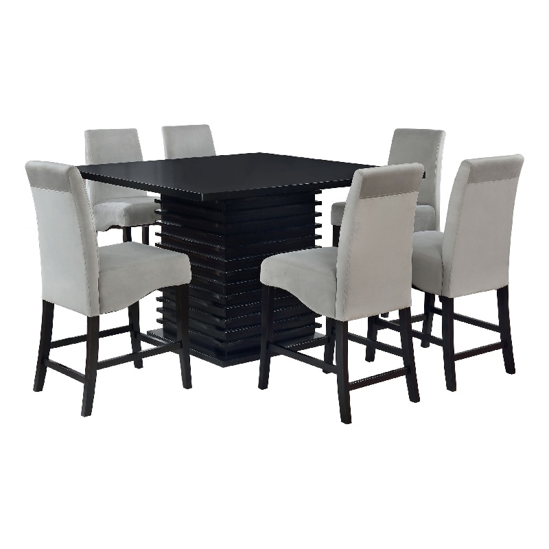 Tela 7pc Counter Height Dining Set- Black Wood Table- 6 Gray Chairs